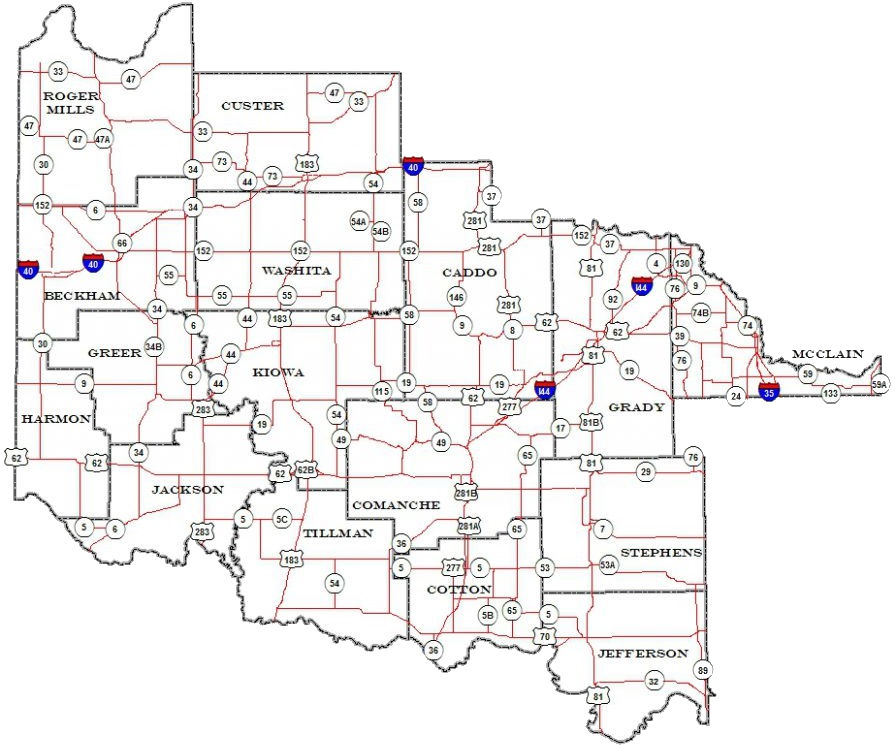 SORTPO Counties: Beckham, Caddo, Comanche, Cotton, Custer, Grady, Greer, Harmon, Jackson, Jefferson, Kiowa, McClain, Roger Mills, Stephens, Tillman, and Washita